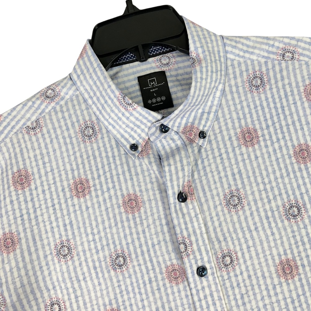 Michael Strahan Slim Fit Short Sleeve Button Down Shirts Seersucker L Mens